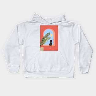 Cat in tropical window scene Kids Hoodie